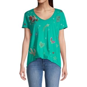 Johnny Was Tourquois V-neck Imbroidered Tee